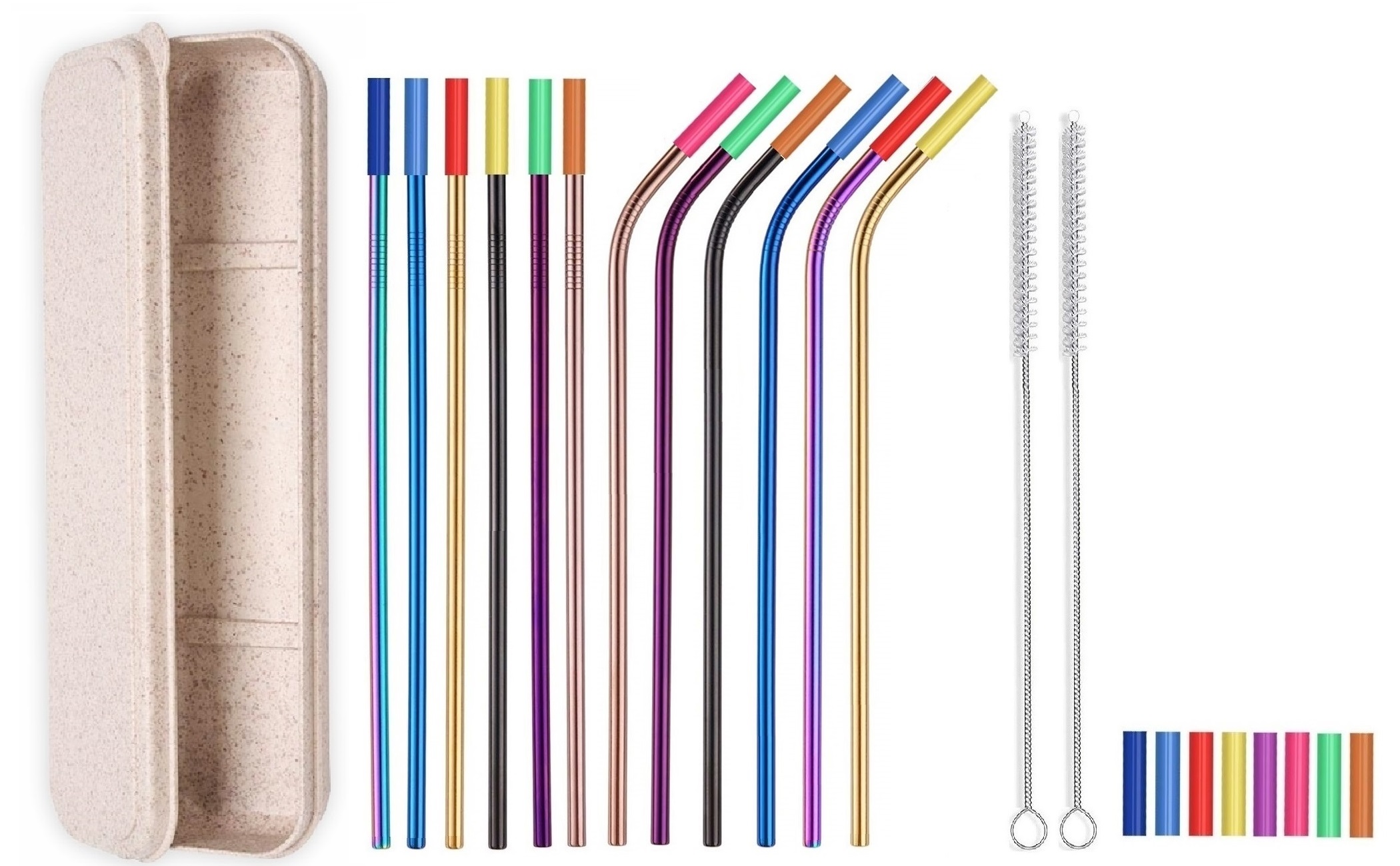 12 Colorful Straight & Bent Silicone Tip Straws Set_Giftarget Inc
